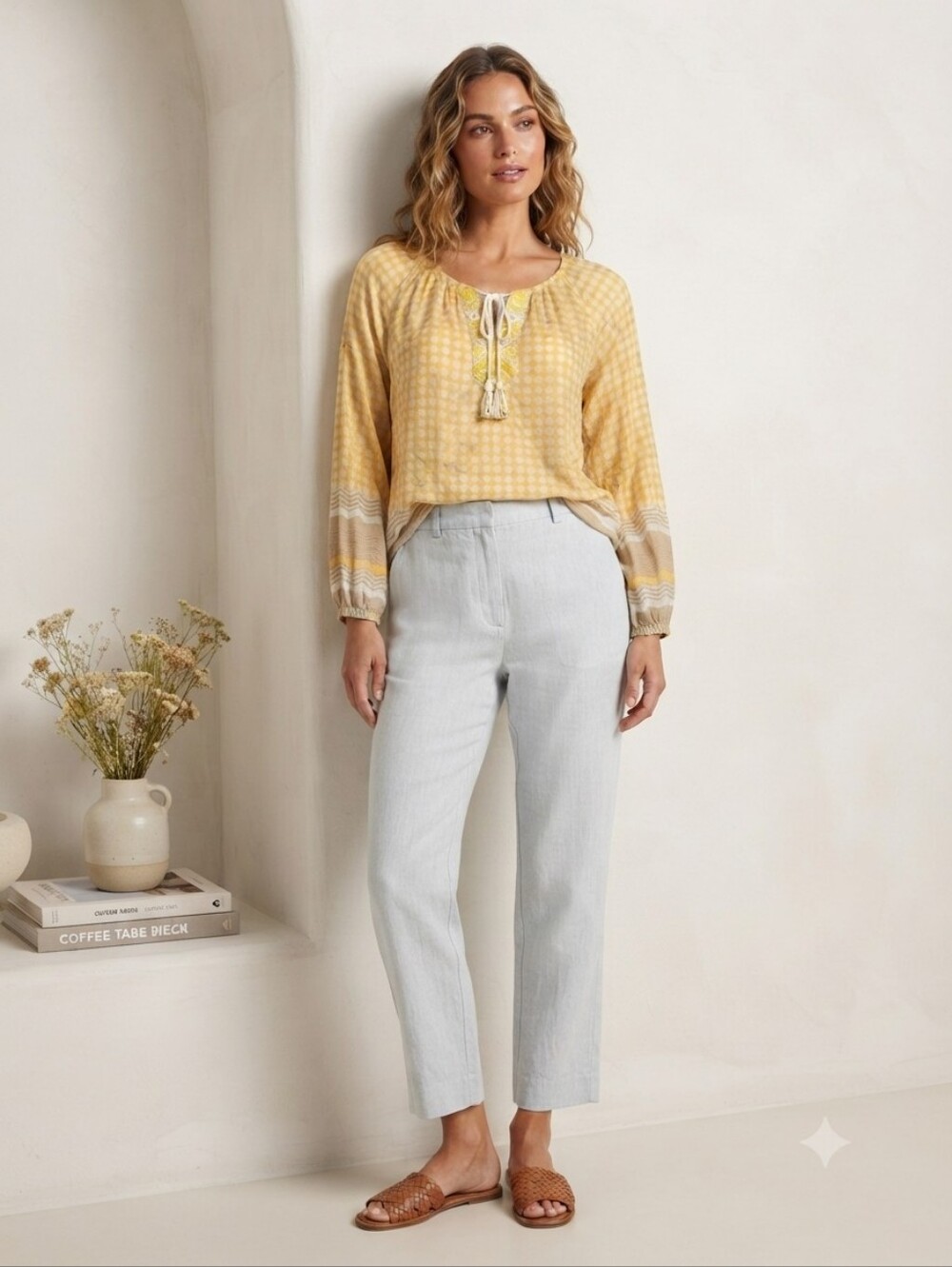 Derhy Beaded Bohemian V-Neck Blouse | Ivory & Mustard - Picture 4 of 9